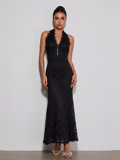 Quorveth  Halterneck Lace Maxi Dress In Black