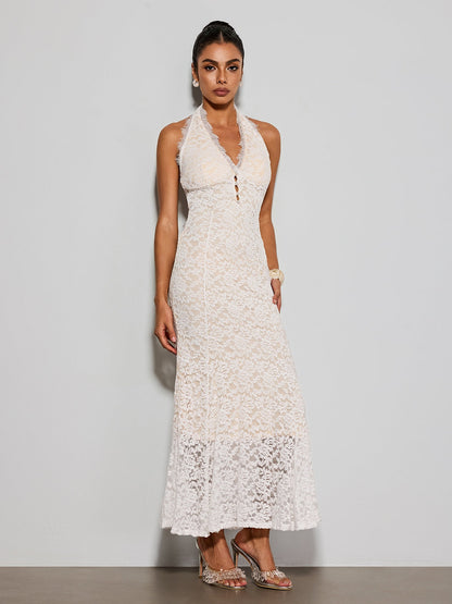 Quorveth Halterneck Lace Maxi Dress In White