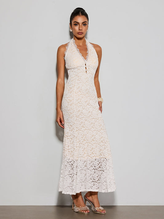Quorveth Halterneck Lace Maxi Dress In White