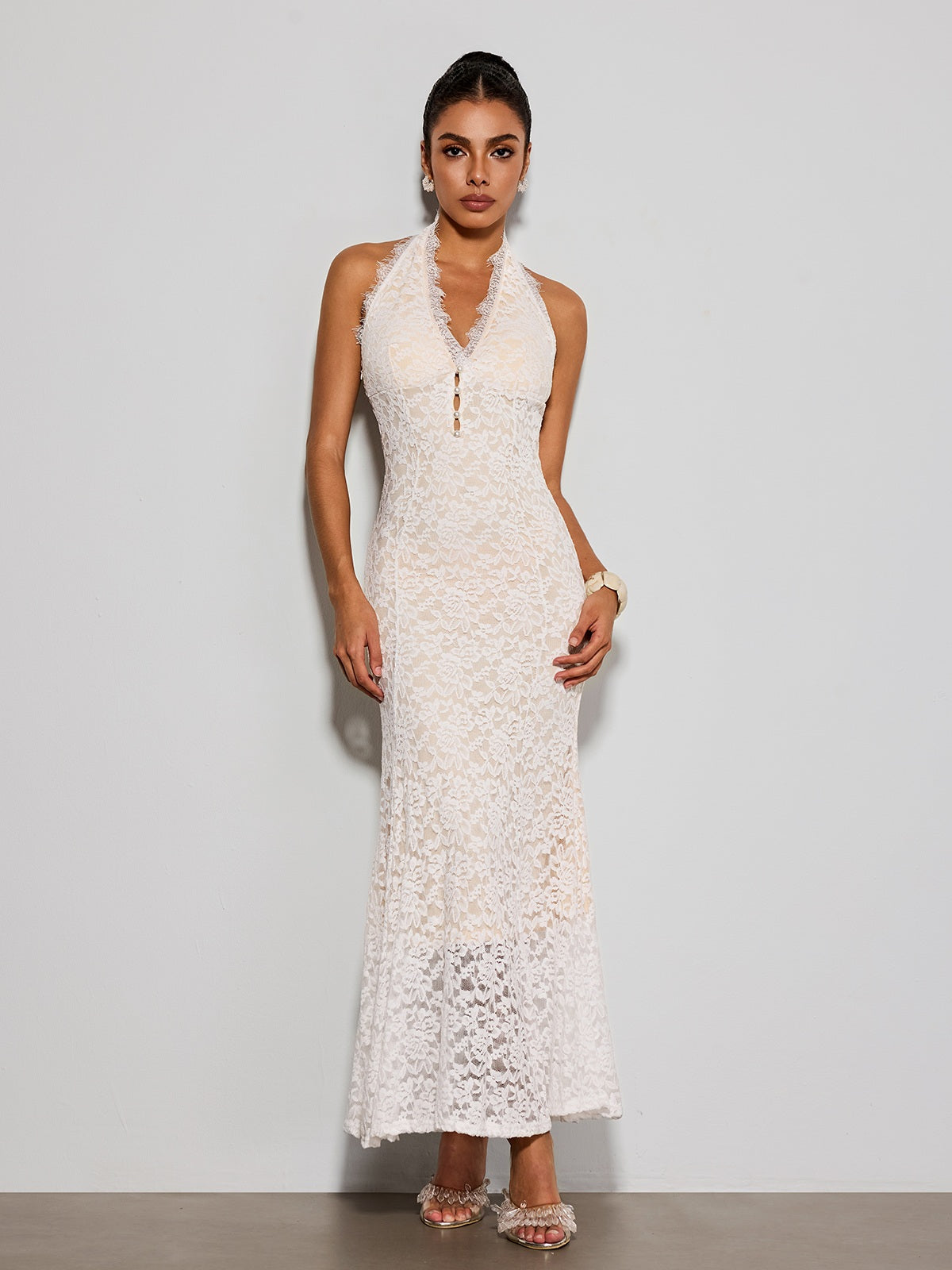 Quorveth Halterneck Lace Maxi Dress In White