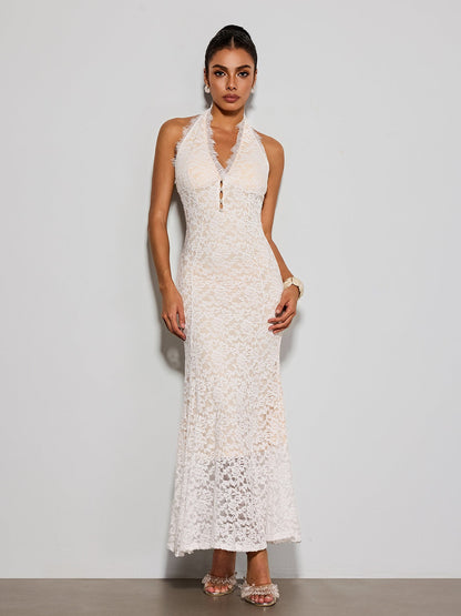 Quorveth Halterneck Lace Maxi Dress In White