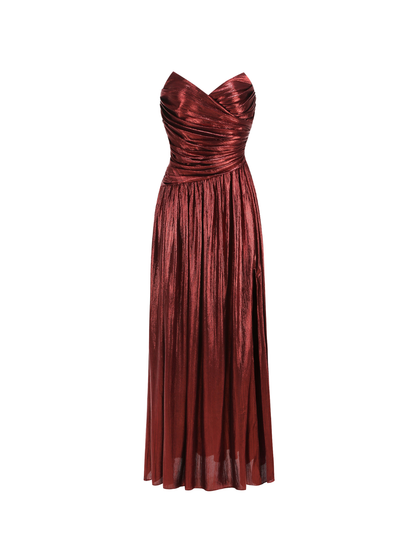 Quvory Strapless Split Metallic Maxi Dress In Wine