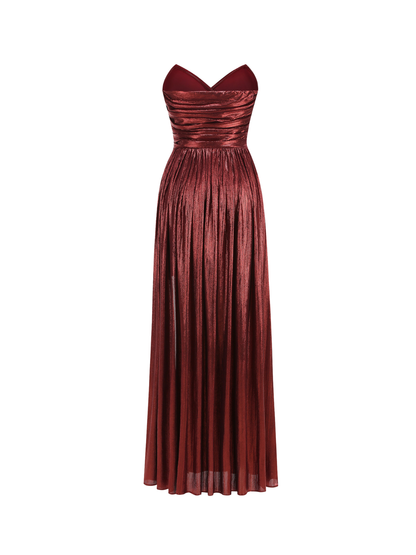 Quvory Strapless Split Metallic Maxi Dress In Wine
