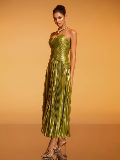 Quvory Strapless Split Pleated Maxi Dress