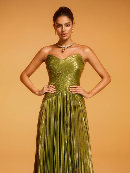 Quvory Strapless Split Pleated Maxi Dress