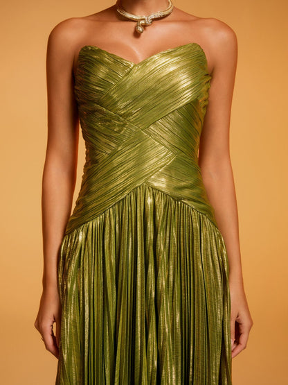 Quvory Strapless Split Pleated Maxi Dress