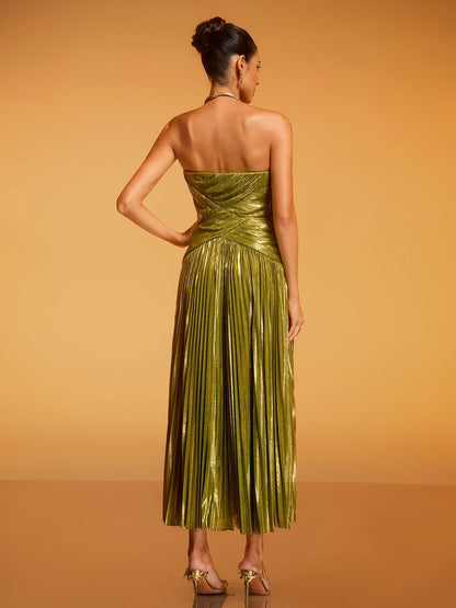 Quvory Strapless Split Pleated Maxi Dress