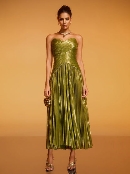 Quvory Strapless Split Pleated Maxi Dress