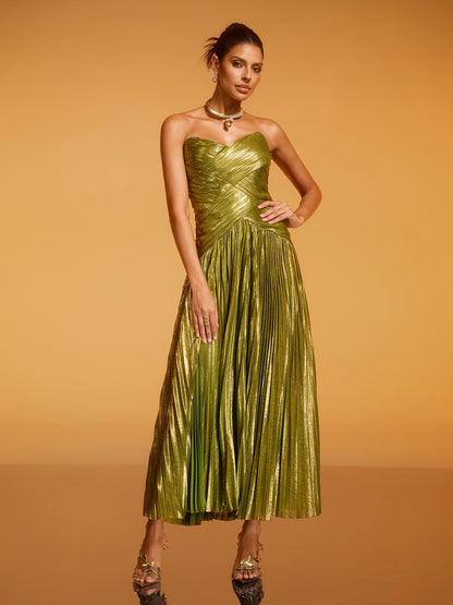 Quvory Strapless Split Pleated Maxi Dress