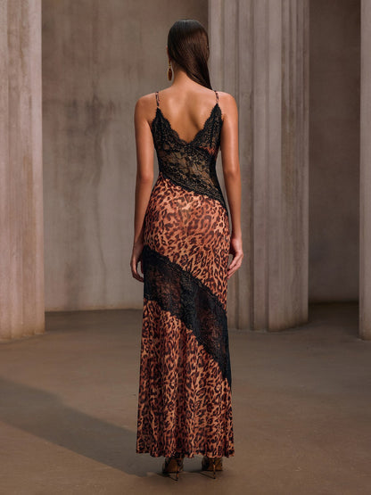 Raelira Spaghetti Lace Leopard Maxi Dress In Brown