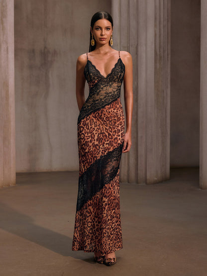 Raelira Spaghetti Lace Leopard Maxi Dress In Brown