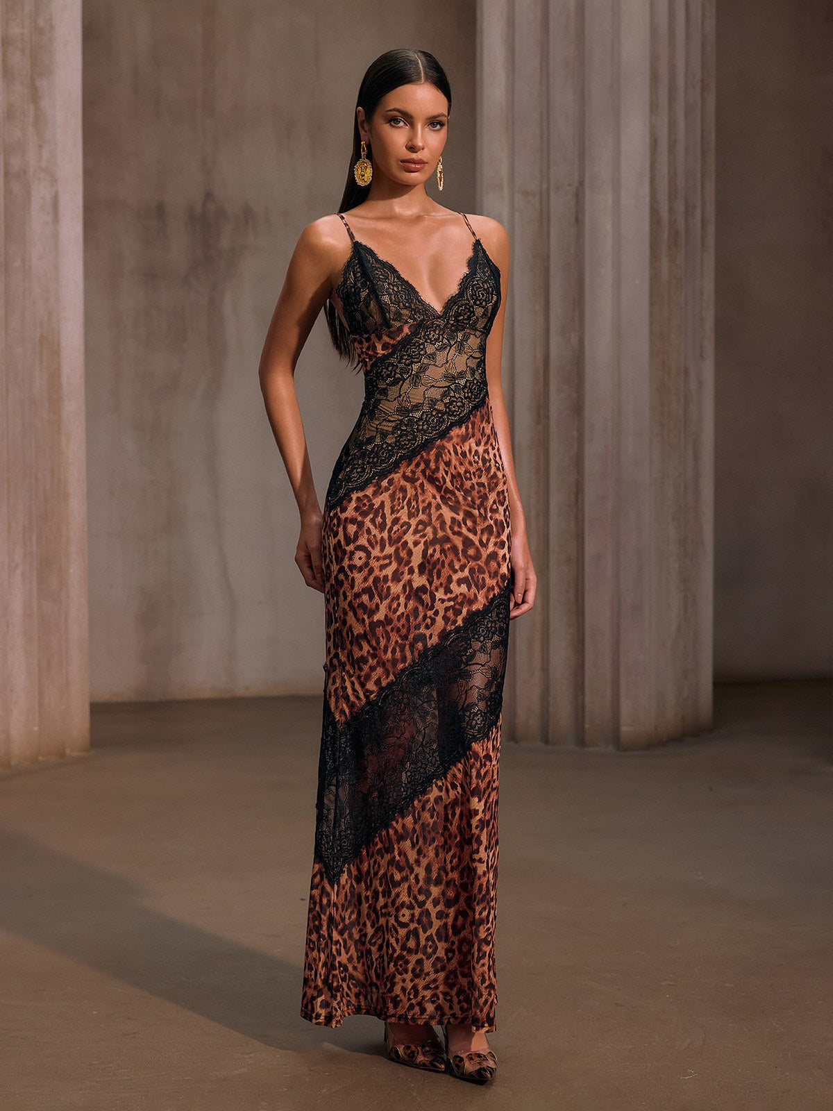 Raelira Spaghetti Lace Leopard Maxi Dress In Brown