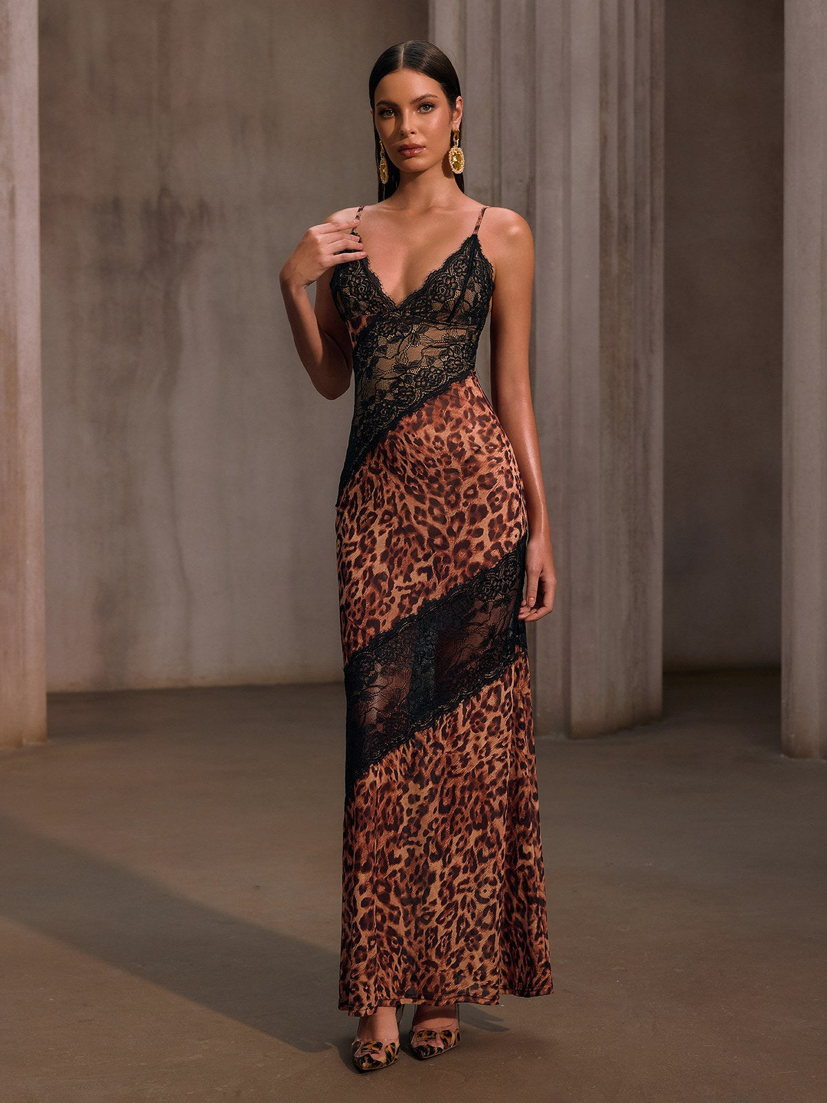 Raelira Spaghetti Lace Leopard Maxi Dress In Brown