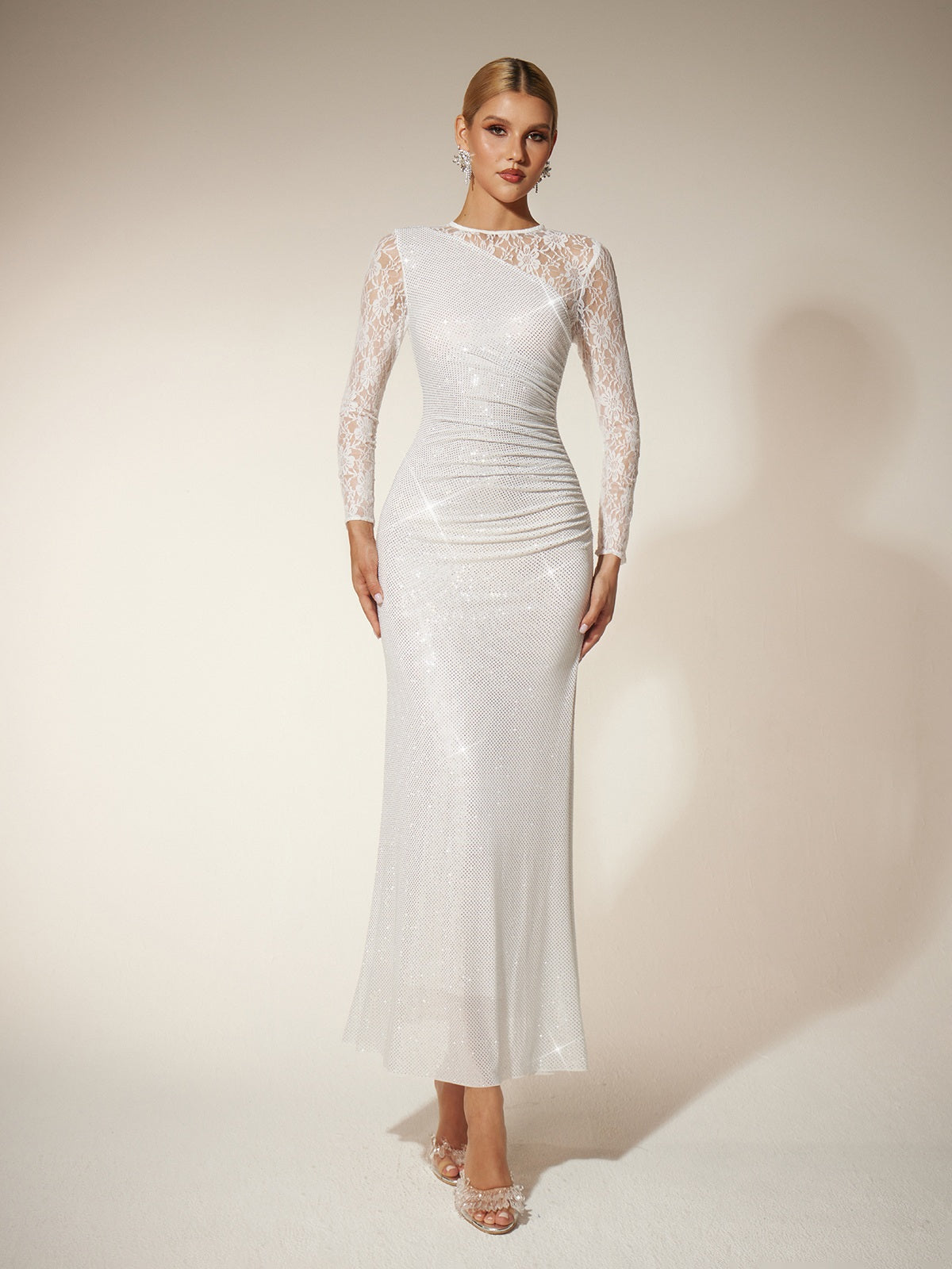 Rosstef Rhinestone Lace Split Maxi Dress