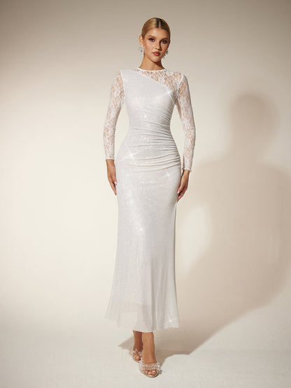 Rosstef Rhinestone Lace Split Maxi Dress