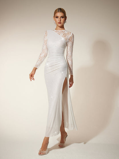 Rosstef Rhinestone Lace Split Maxi Dress