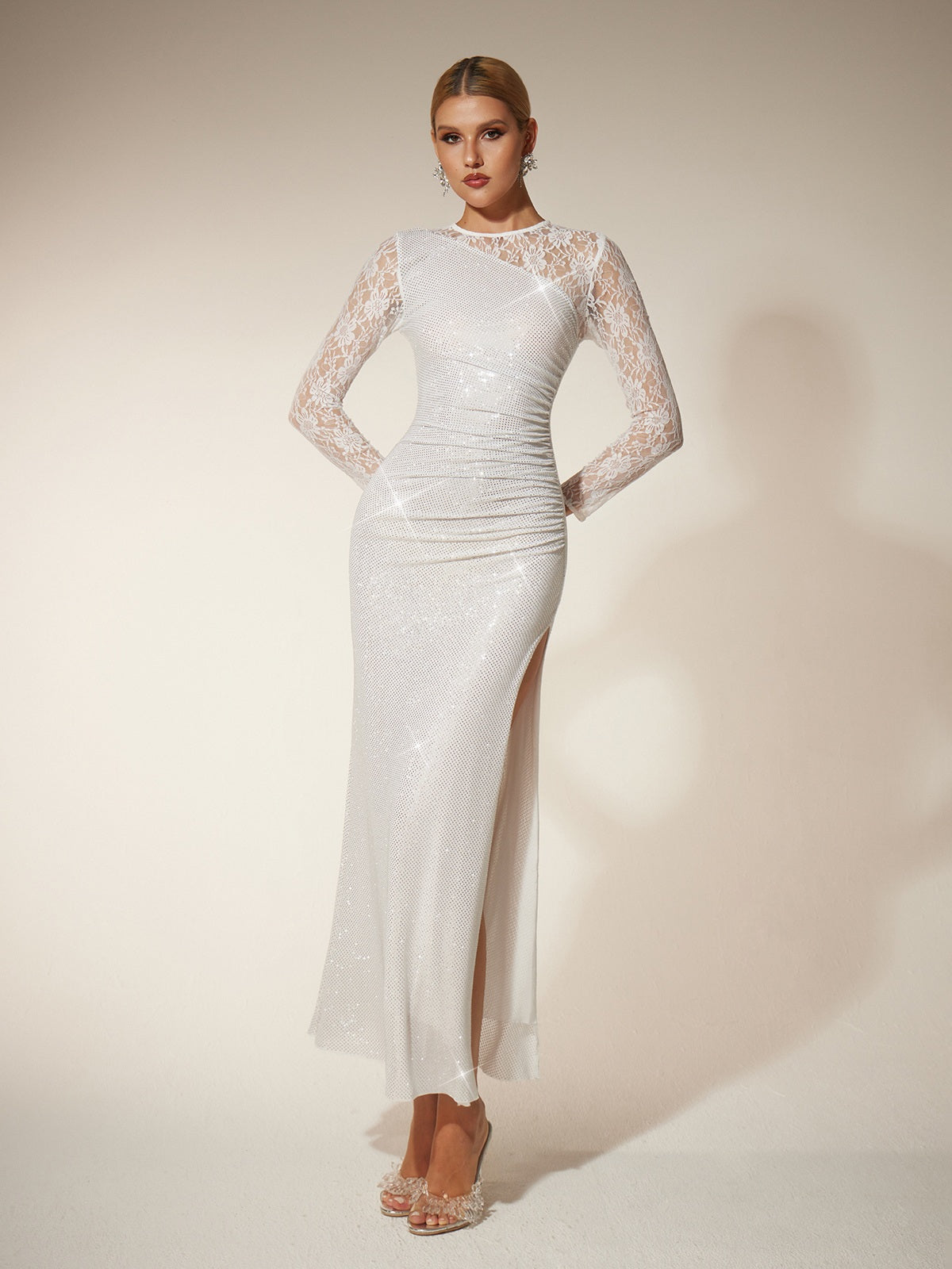 Rosstef Rhinestone Lace Split Maxi Dress