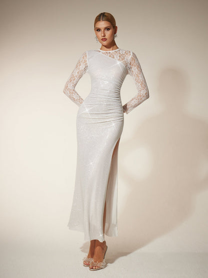 Rosstef Rhinestone Lace Split Maxi Dress