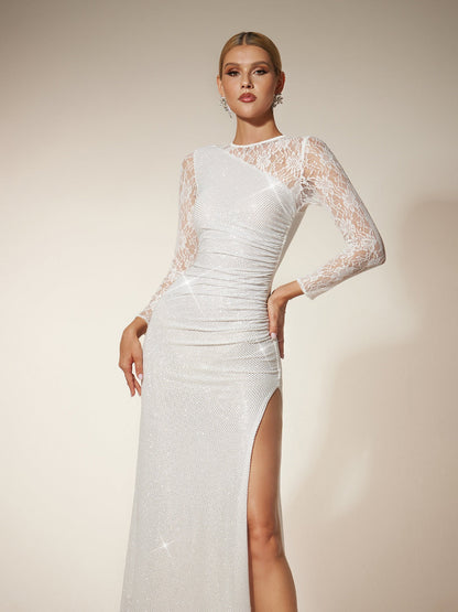 Rosstef Rhinestone Lace Split Maxi Dress