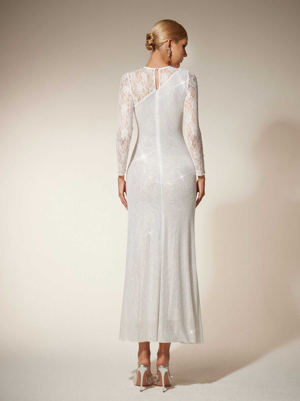 Rosstef Rhinestone Lace Split Maxi Dress