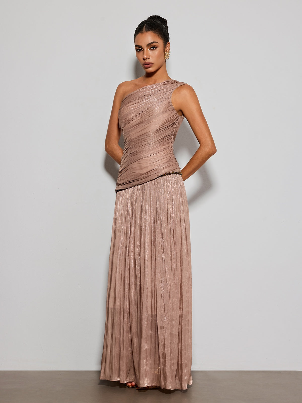 Ravelthor One Shoulder Ruched Maxi Dress