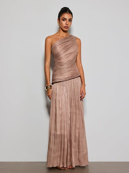 Ravelthor One Shoulder Ruched Maxi Dress