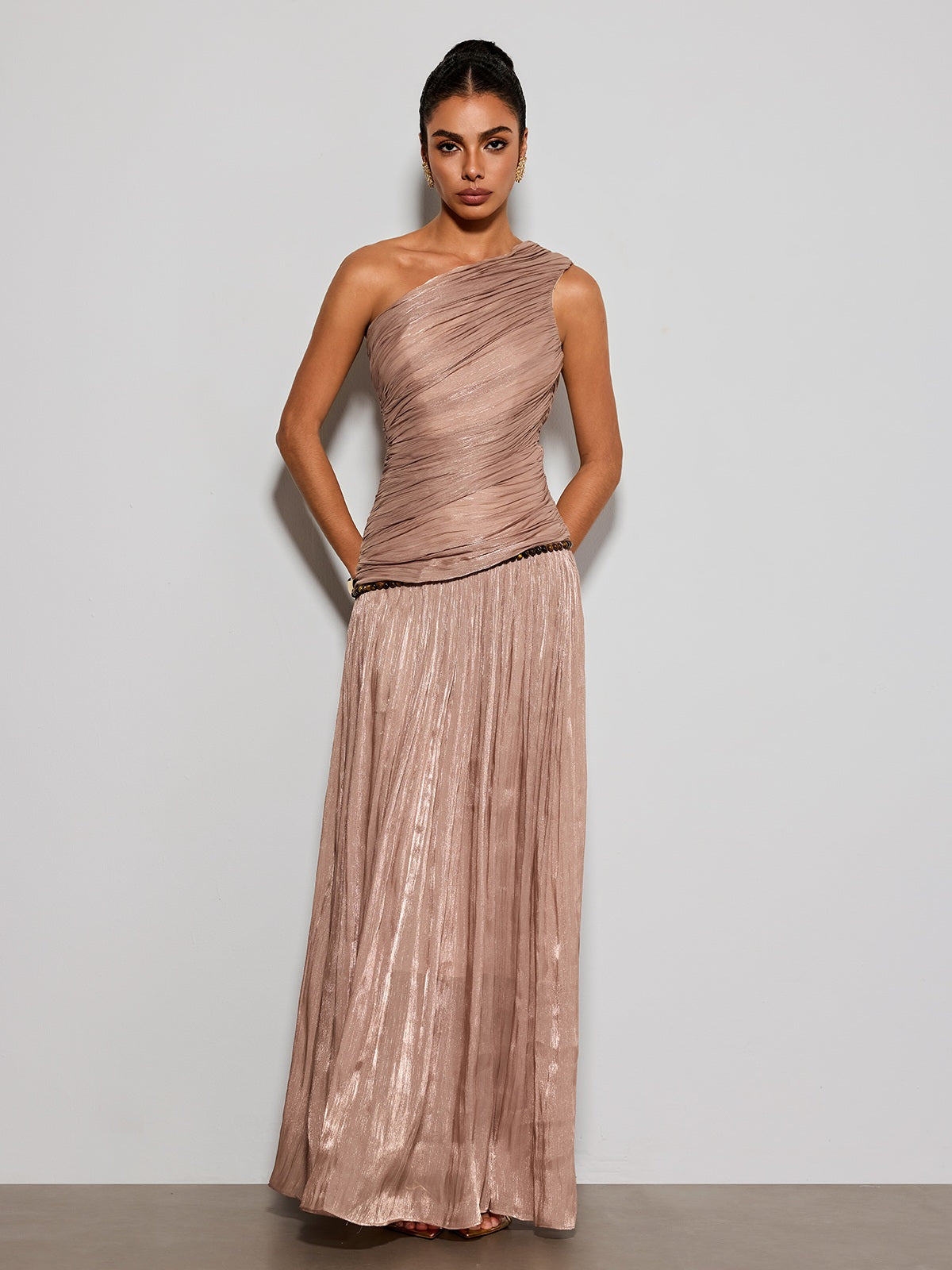 Ravelthor One Shoulder Ruched Maxi Dress