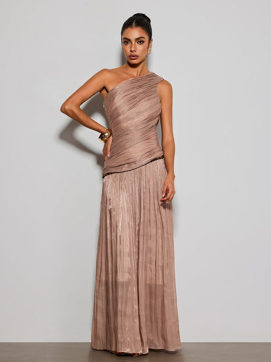 Ravelthor One Shoulder Ruched Maxi Dress