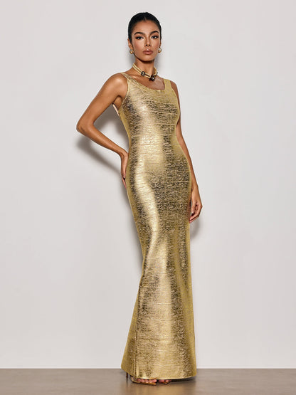 Ravixor U Neck Bandage Maxi Dress In Gold