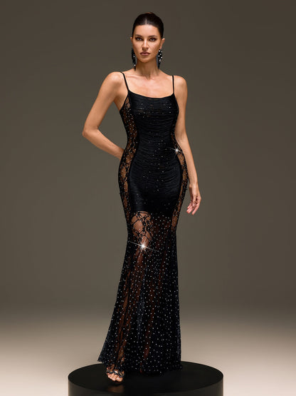 Raxelin Spaghetti Fringe Rhinestone Maxi Dress