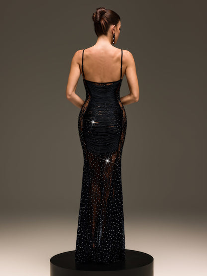 Raxelin Spaghetti Fringe Rhinestone Maxi Dress