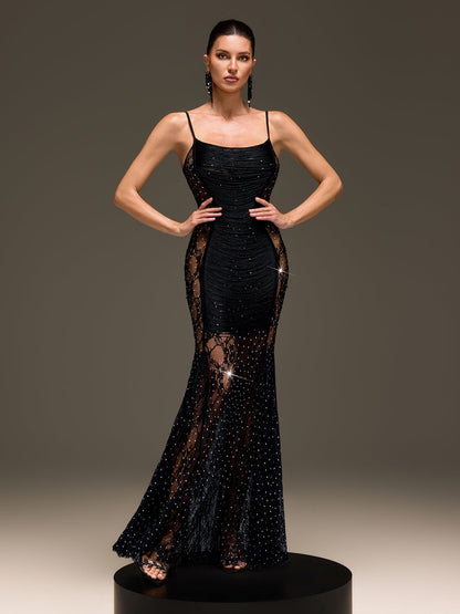 Raxelin Spaghetti Fringe Rhinestone Maxi Dress