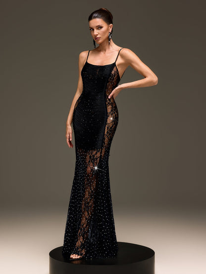 Raxelin Spaghetti Fringe Rhinestone Maxi Dress