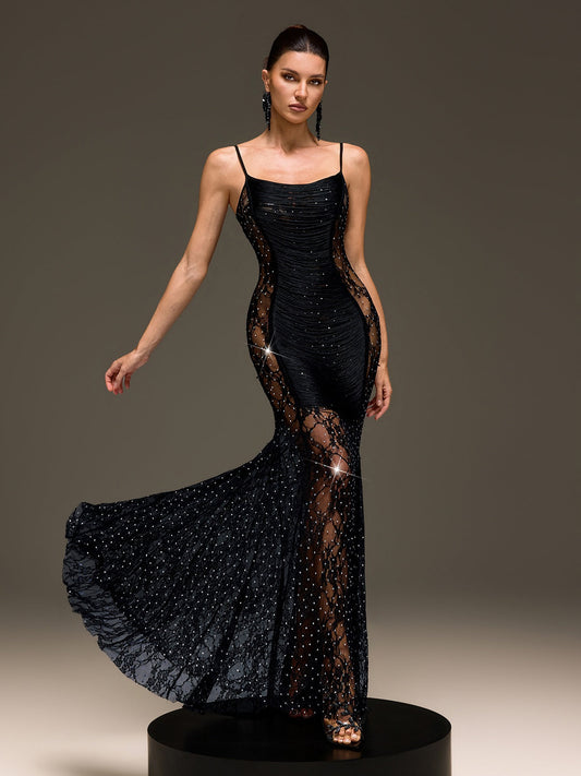 Rosstef Rhinestone Maxi Dress - Spaghetti Straps & Fringe