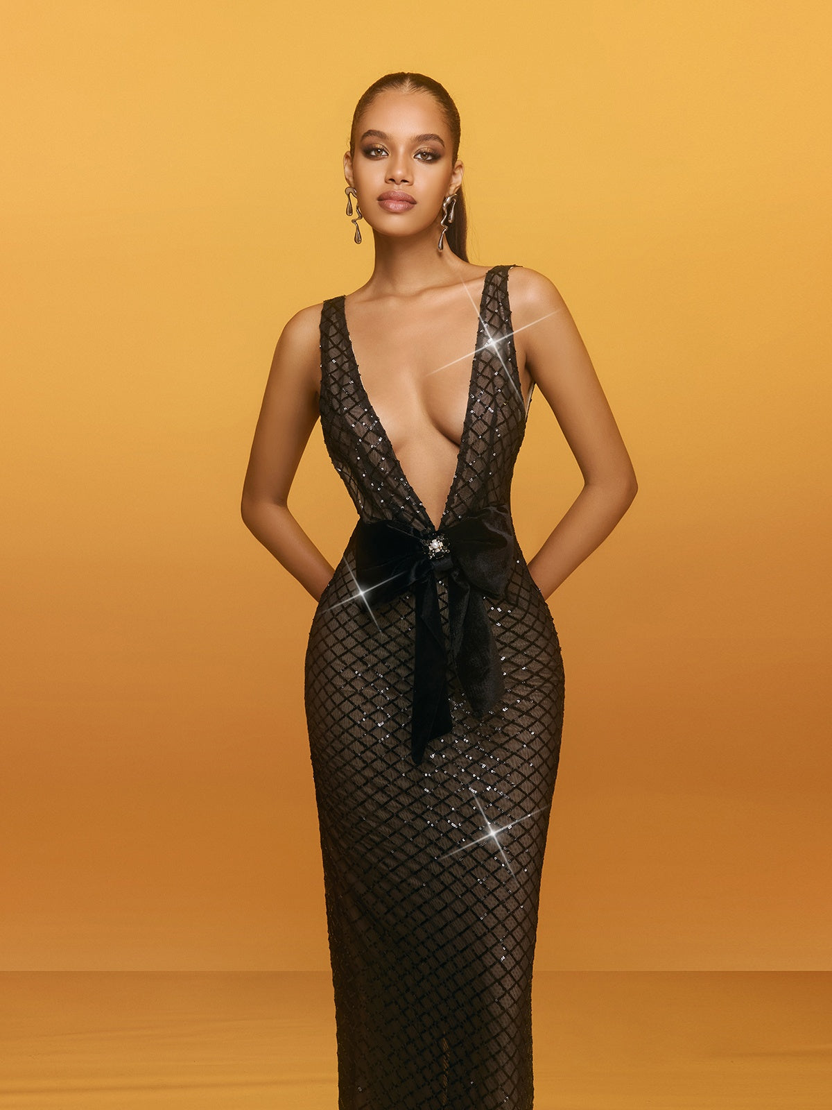 Raziya V Neck Bow Sequin Maxi Dress In Black