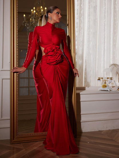 Renwick Long Sleeve Flower Cutout Maxi Dress In Red