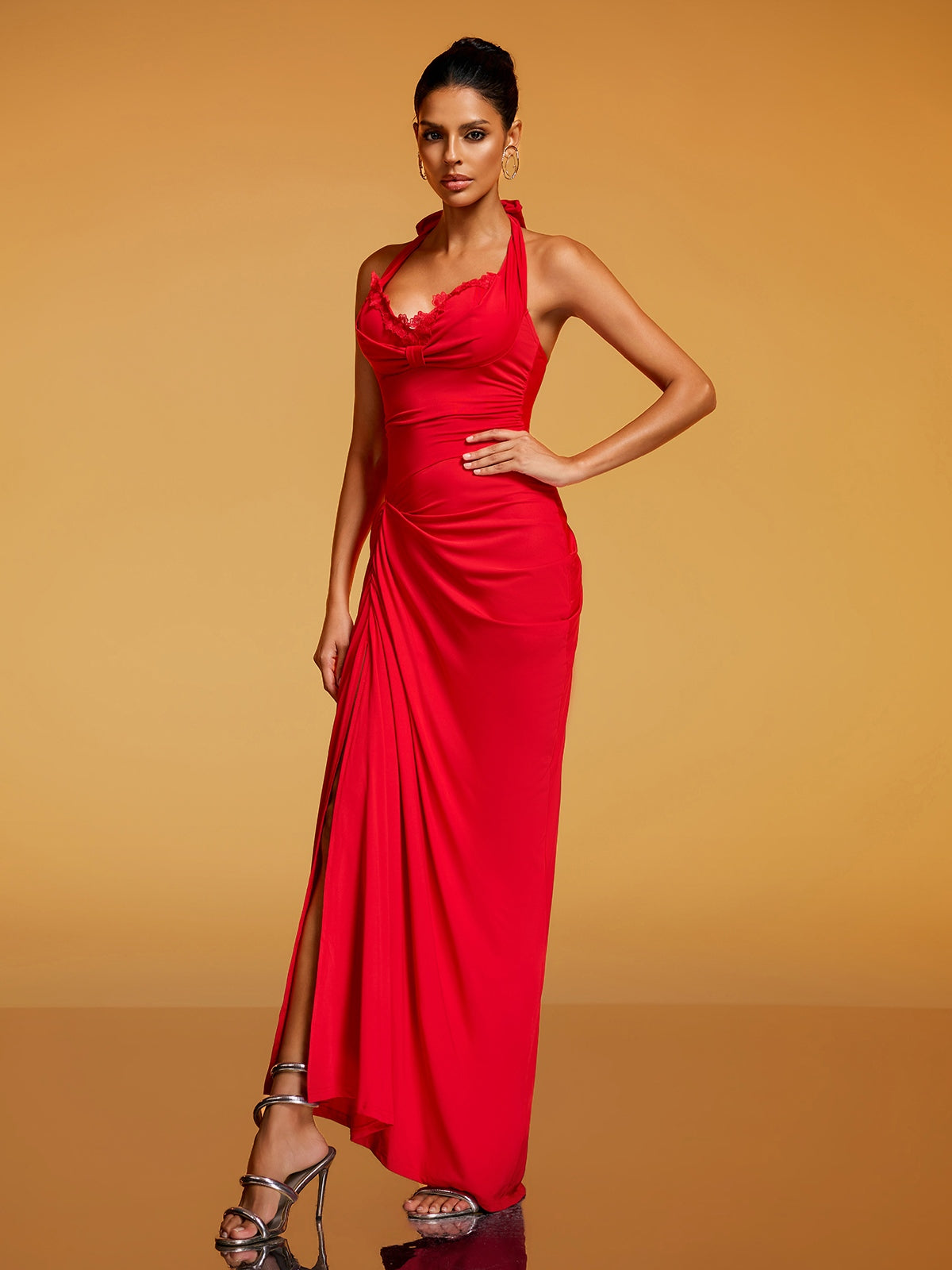 Rethik Halterneck Ruched Split Maxi Dress