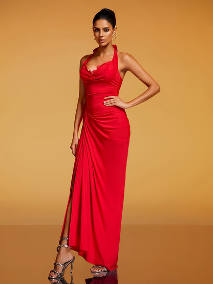 Rethik Halterneck Ruched Split Maxi Dress