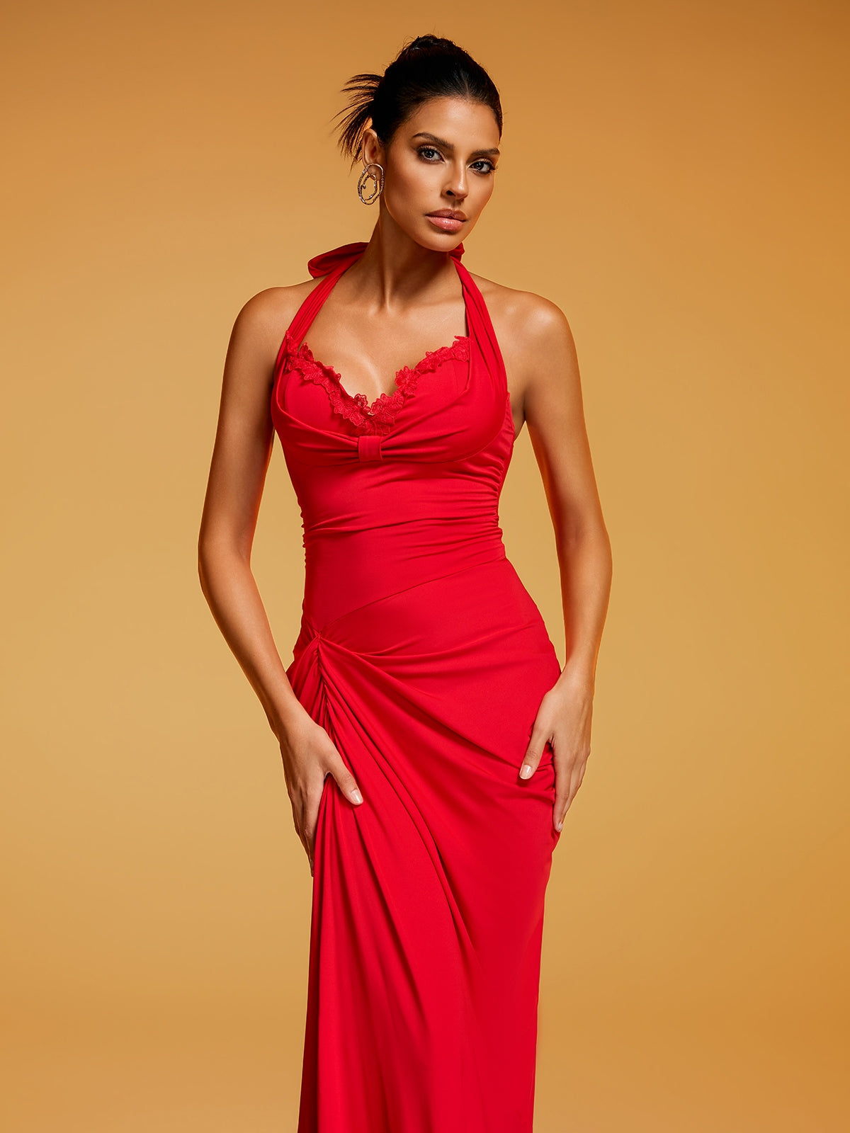 Rethik Halterneck Ruched Split Maxi Dress