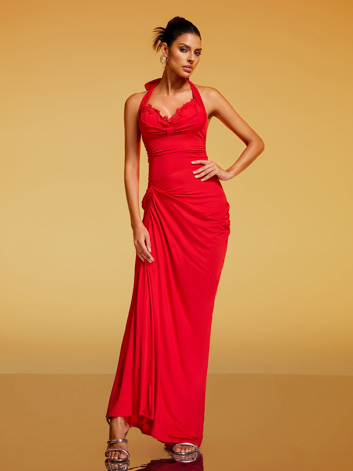 Rethik Halterneck Ruched Split Maxi Dress