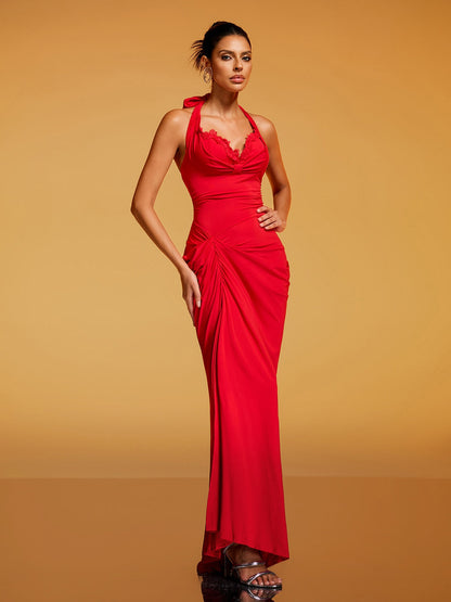Rethik Halterneck Ruched Split Maxi Dress