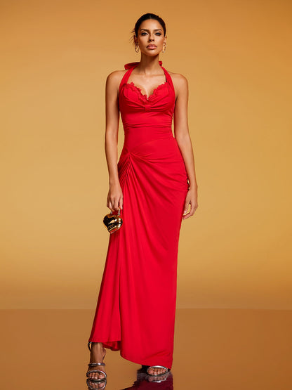 Rethik Halterneck Ruched Split Maxi Dress