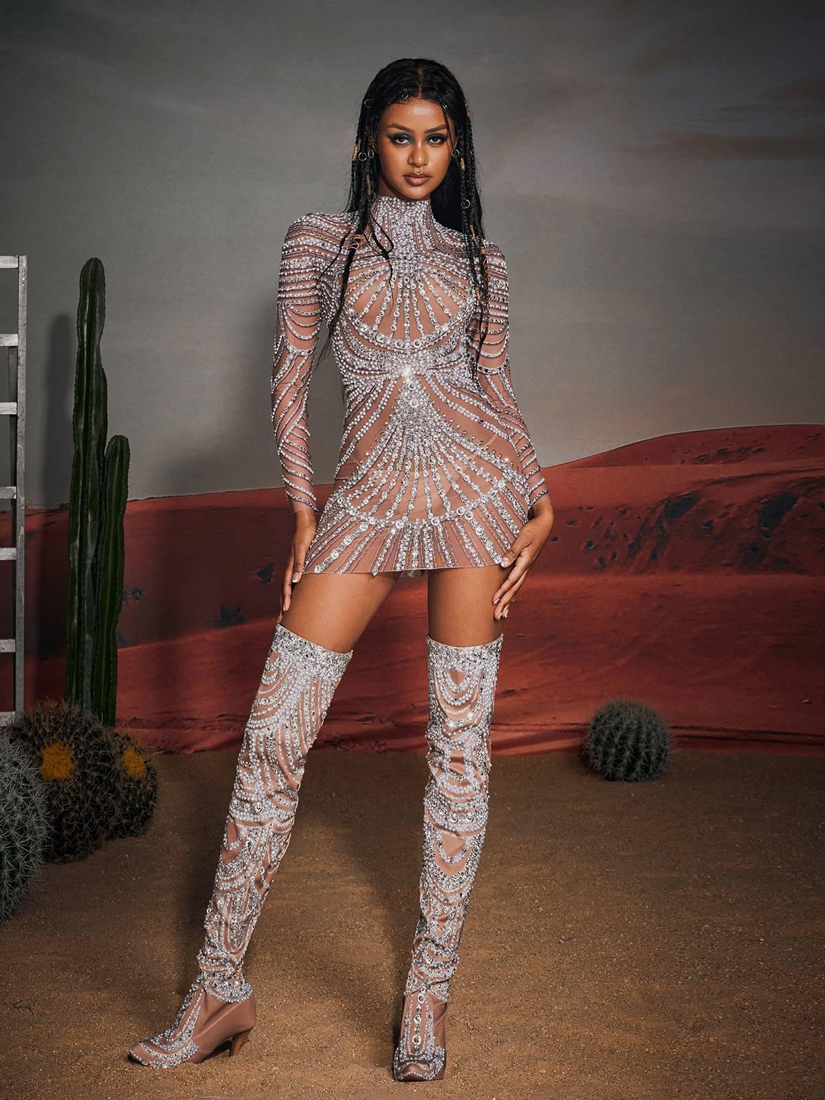 Rosstef Embellished Mesh Mini Dress