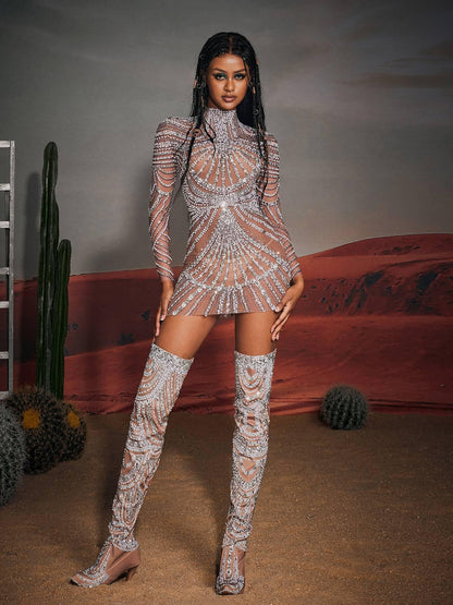 Rosstef Embellished Mesh Mini Dress
