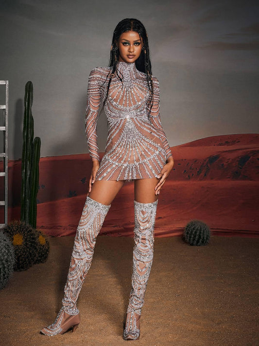 Rosstef Embellished Mesh Mini Dress