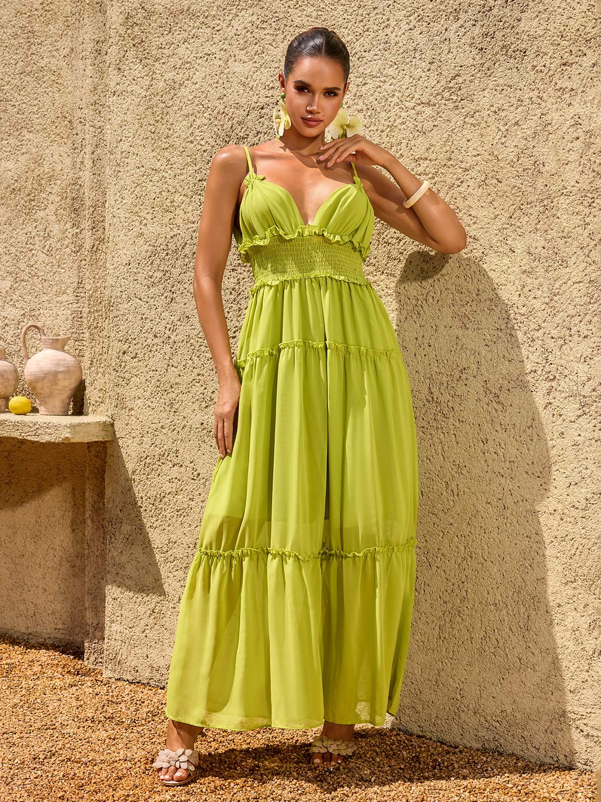 Saelvion Spaghetti Maxi Dress In Chartreuse