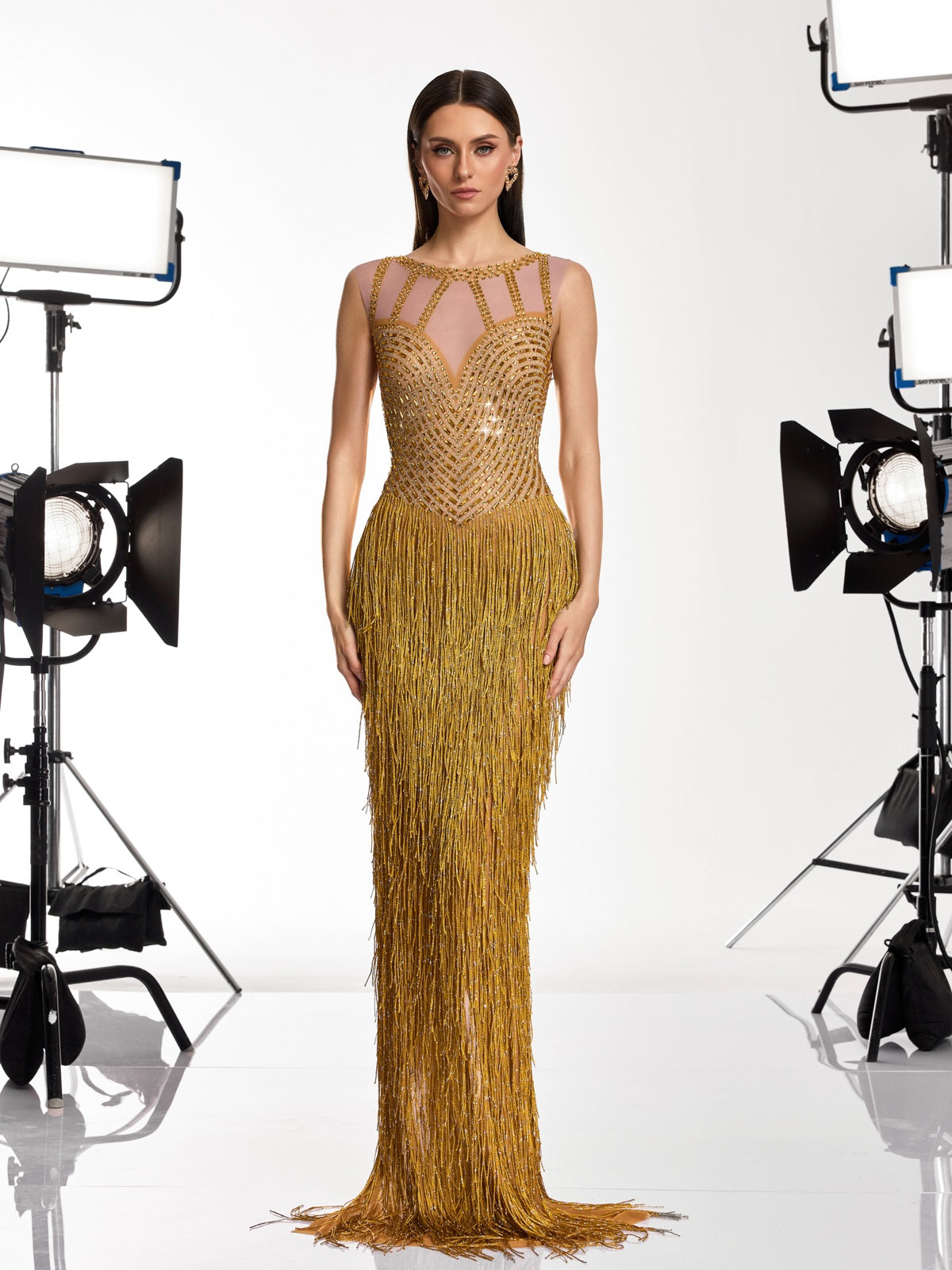 Saelyvira Fringe Rhinestone Maxi Dress In Gold