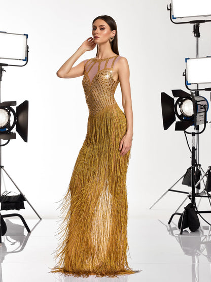 Saelyvira Fringe Rhinestone Maxi Dress In Gold