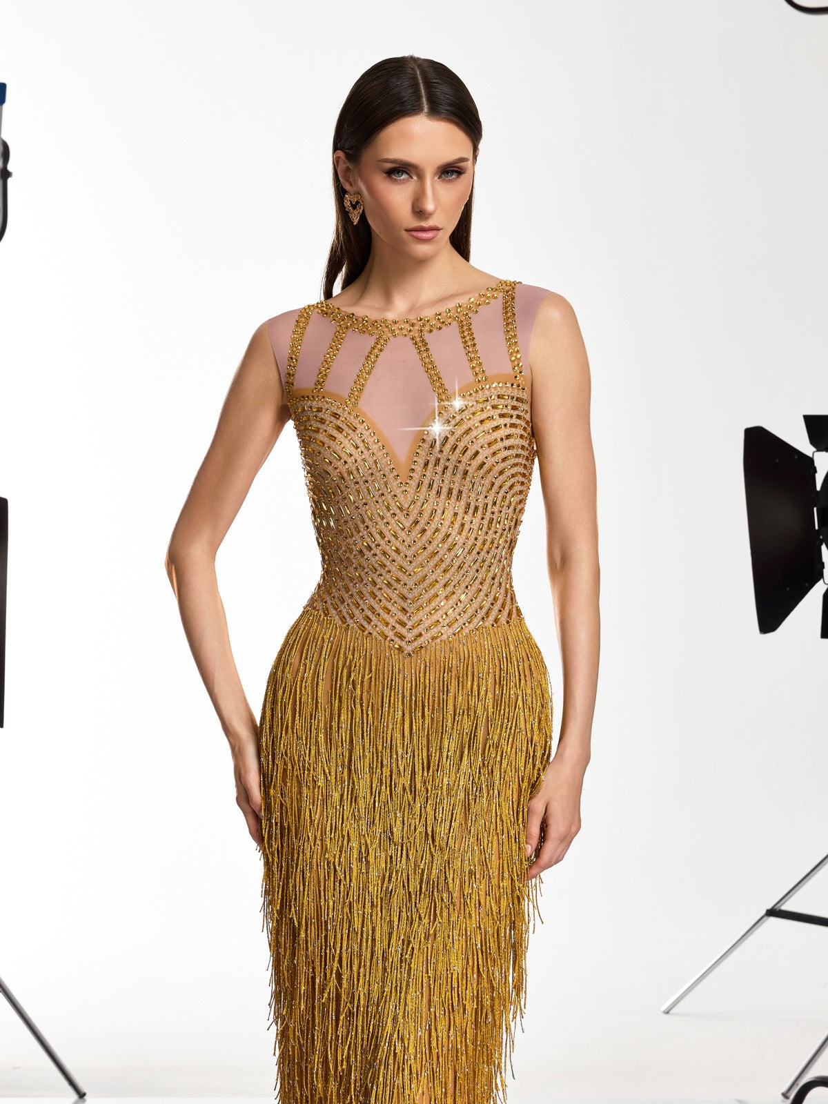 Saelyvira Fringe Rhinestone Maxi Dress In Gold