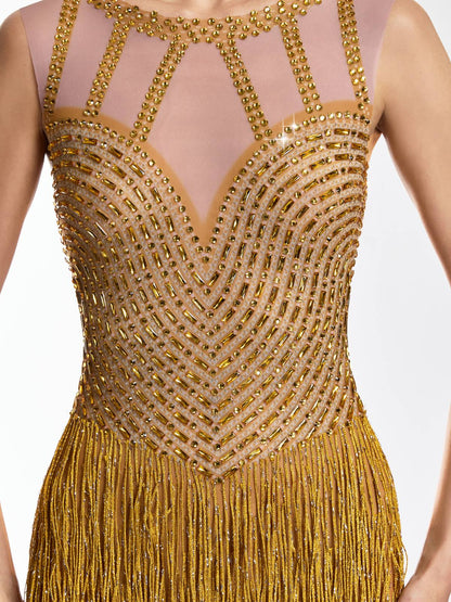 Saelyvira Fringe Rhinestone Maxi Dress In Gold